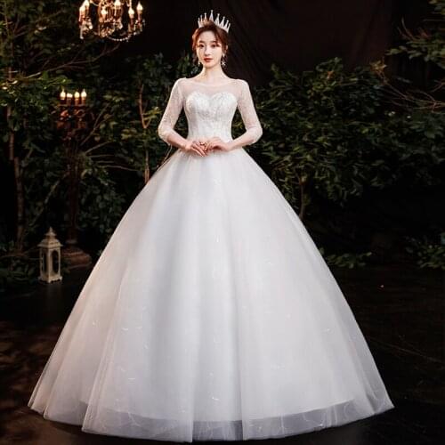 Wedding Dress 2020 New Light Full Lace O-neck Floor-length Ball Gown Lace Up Illusion Embroidery Vestido De Noiva Customize