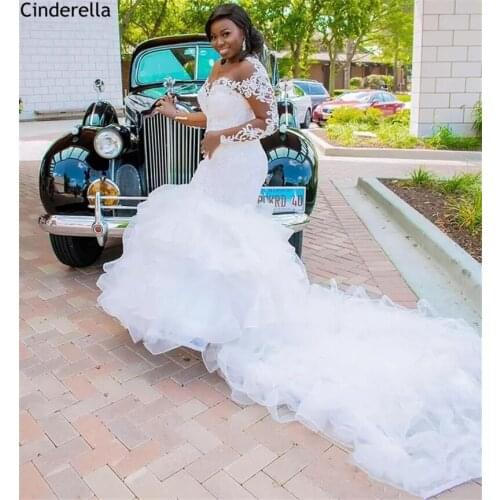 Wedding Dresses Long Sleeves Mermaid Scoop Long Train Tulle Ruffle Lace Crystal Wedding Dresses Bridal Gowns vestido de noiva
