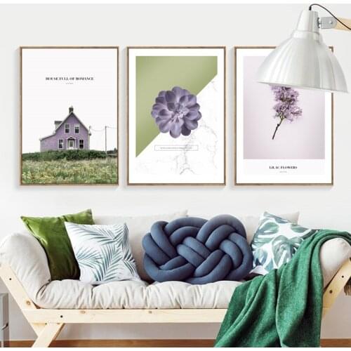 Fresh Plant Scenery Purple Flower Succulent House Canvas Painting Wall Frameless Picture Poster Room Sofa Background Decoration