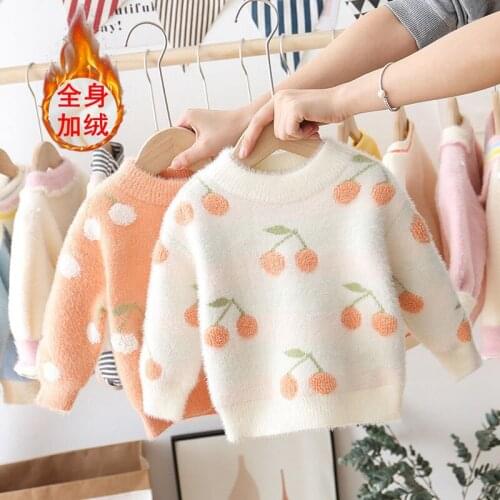 Girls Sweater Kids Coat Outwear 2021 Cherry Plus Velvet Thicken Warm Winter Autumn Tops Fleece Christmas Childrens Clothing