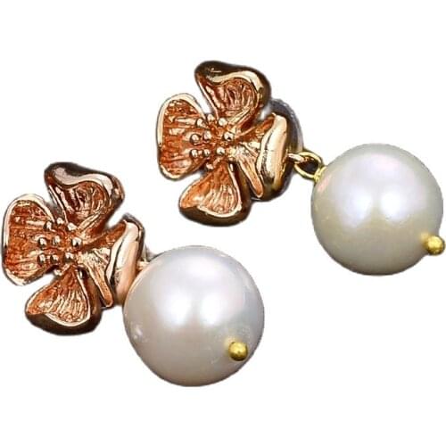JK Natural 13MM White Round Keshi Pearl Gold Plated Flower Dangle Stud Earrings