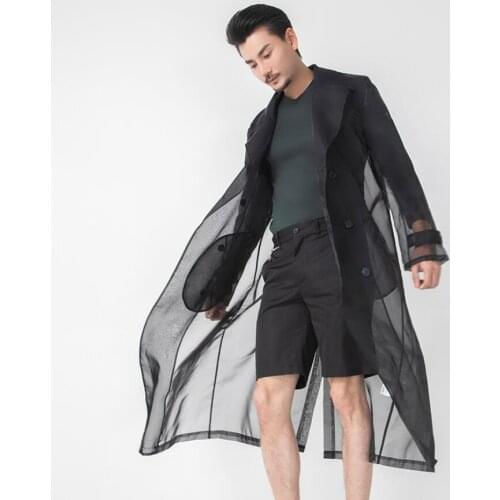 M-4xl Summer Youth Male Jacket Trench Cloak Ultra-thin Transparent Sun Protection Clothing Men Long Double-breasted Windbreaker