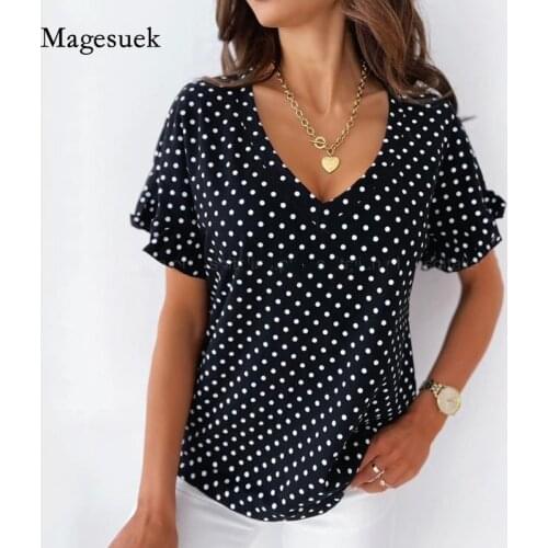 Womens T-Shirt Fashion Short Sleeved Polka-dot Women Tops New Summer V Neck Casual Loose Tshirt 2021 Female Tee Clothings 14086