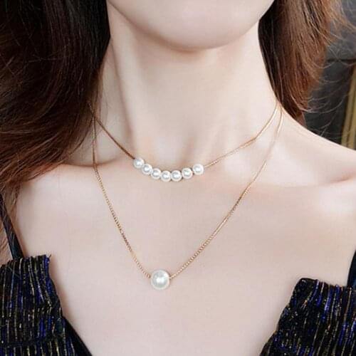 2020 New Women Necklace Japanese Korean Faux Pearl Double Layered Chain Pendant Fashion Jewelry Collar Gift