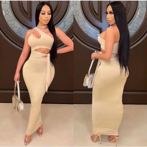 2021 Summer Ladies Dress Open Back Hollow Dress Lace Party Fashion Set Irregular Tie Slanted Shoulder Sexy Sleeveless Long Skirt