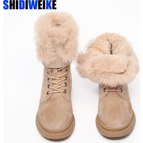 2021 rabbit fur snow boots Winter motorcycle boots Plush fur warm Womens snow boots Mid Calf boots New product womens shoes