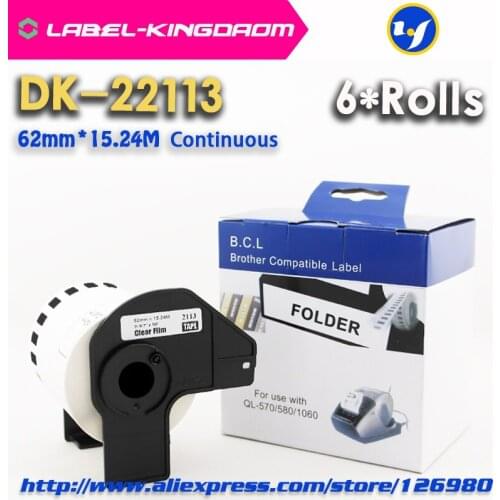 6 Rolls Compatible DK-22113 Label 62mm*15.24M Continuous Compatible for Brother Label Printer Half Transparent Material