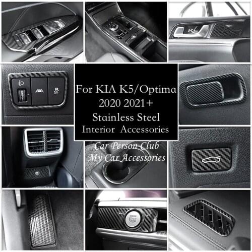 For KIA K5 Optima Stainless Carbon Fiber Interior Window Glass Lift Gear Shift Water Cup Door Handle Cover Trims Car Accessories