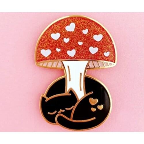 Cartoons Black Cat Mushroom Glitter Enamel Brooch Pin Backpack Hat Bag Lapel Pins Badges Women Mens Fashion Jewelry Accessories