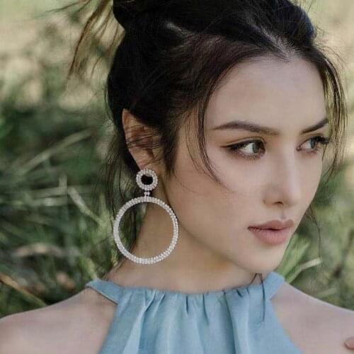 JIJIAWENHUA New Trend Womens Rhinestone Round Sparkling Luxury Earrings Dinner Party Wedding Temperament Accessories