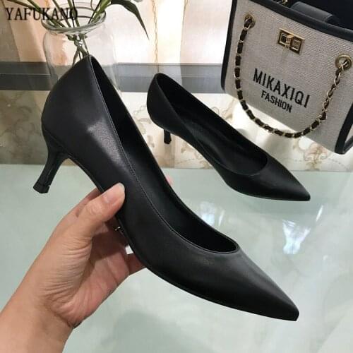 Classic Women Pumps 3cm 5cm Mid Low Heels Black Office Lady Shoe Genuine Leather high heels Sexy Pointed Toe Wedding Party Shoe