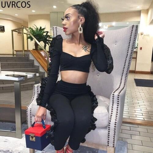 UVRCOS Fall 2021 Womens Fashion Sexy Two Piece Set Women Pants Sets Lace Ruffles Short Tops+Cropped Trousers Combinaisons Suits