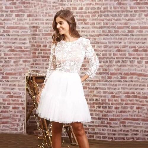 Short Wedding Dresses 2021 O Neck Backless Long Sleeve A Line Mini Lace Beach Country Bridal Gowns Tulle Beach Robes De Mariee