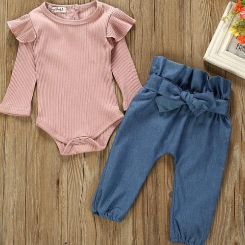 2 Pcs Korean Girls Suit Fashion Knitted Long Sleeve Romper + Denim Pants Set