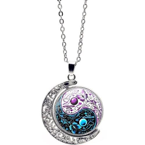 Classic Moon Copper Chain Punk Jewelry Yin Yang Tai Chi Double Side Rotate Glass Dome Pendant Necklace for Women Men Gift