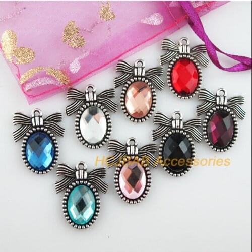 Fashion 8Pcs New Knot Charms Tibetan Silver Tone Retro Oval Mixed Crystal Pendants 19.5x24.5mm
