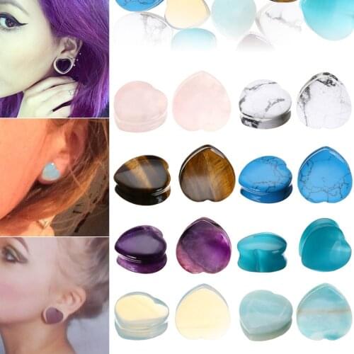 MODRSA 1Pair Heart Shaped Ear Plugs and Tunnels Stone Flesh Earring Gauges Ear Expander Stretcher For Women Body Jewelry