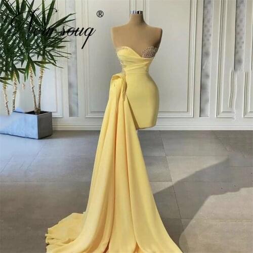 Muslim Arabic Yellow Evening Dresses With Split Train 2021 Robes De Soiree Customized Mermaid Formal Party Gown Dubai Prom Dress