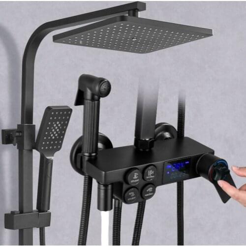 New Bathroom Thermostatic Shower Set Smart Button Four speed Digital Display Hotel Bathroom Shower Black Thermostatic Nozzle