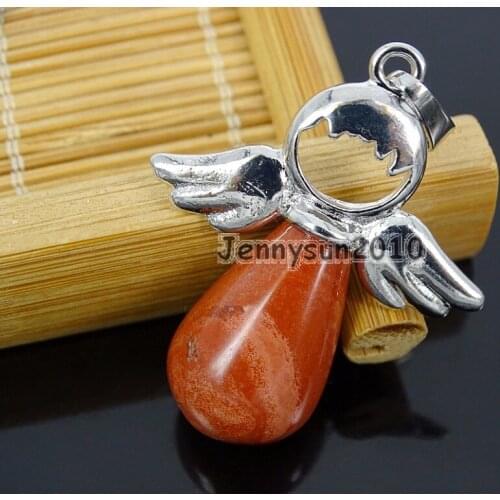 Natural Red Ja-sper Gems Stone Angel Wing Teardrop Healing Pendant Charm Beads Silver Healing Jewelry Design 10Pcs/Pack