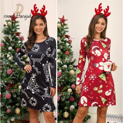 S-3XL Plus Size Christmas Dress Women Long Sleeve O-neck Print Fall/winter New Year Party Fashion Midi Dress Cartoon 2020