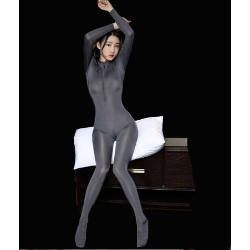 Sexy Women Deep V-Neck Open Bust Full Body Bodysuit Hollow Out ZIpper Open Crotch Sheer Smooth Pants Oil Gloosy Sexy Tight F30