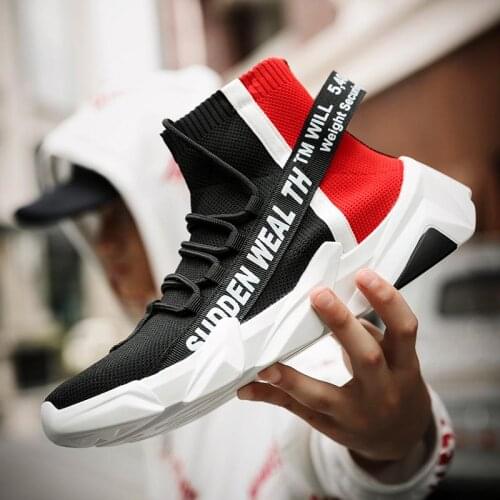High Top Knit Sock Sneakers for Men Sport Shoes Running Man Sports Shoes Men Black Red Male Jogging Fitness Footwear GMD-0556