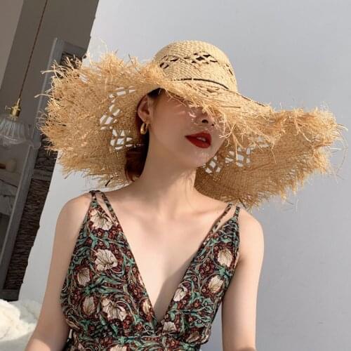 Women Oversized Hat Big Brim 20cm Raffia Sun Hat Wide Brim Beach Hats Ladies Soft Straw Shade Hat Wholesale Dropshipping