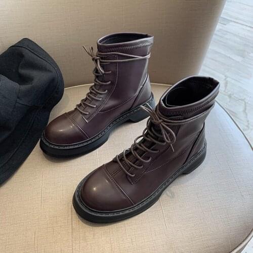 Ankle Boots Women Genuine Cow Leather Autumn Short Plush Round Toe Lace-Up Thick Bottom Black Cool Girl Booties Nice New