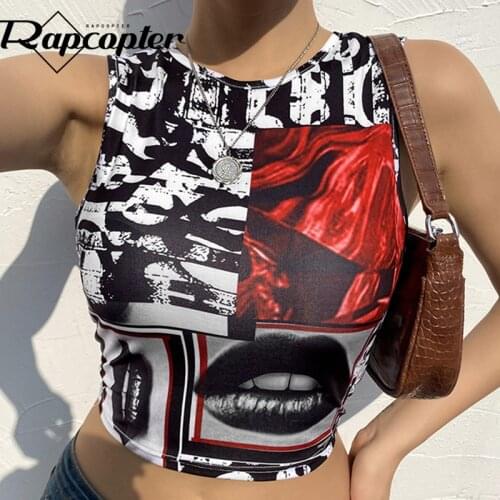 Rapcopter Vintage Print Tank Tops y2k Aesthetic Fashion Corset Top Patched Seeveless Crop Top Women Hot New Sweats 2021 Summer