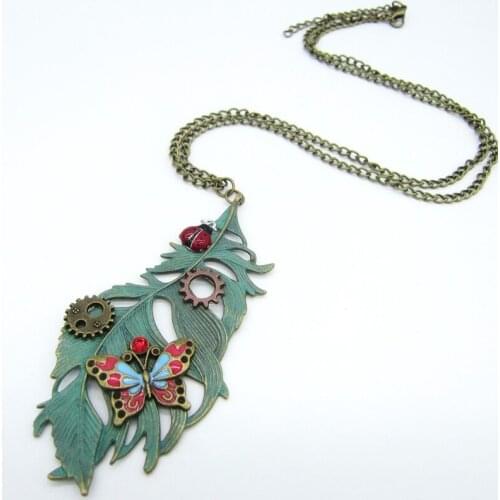 Nice Look Feather with Colored Butterfly Cute Beetle and Gears Women`s Pendant Necklace Jewelry
