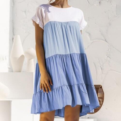 Women Dress Short Sleeve Ruffle Color Block Large Hem Cotton Blend A-line Dress for Spring/Summer
