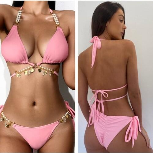 2021 Pearl Accessories Bikini Push Up Two Pieces Swimwear Women Stroj Kapielowy Damskie Biquini Mujer Banador Badpak Dames