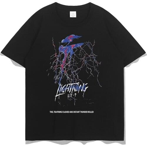 Funny Mens Streetwear Short Sleeve T-Shirt Thunder Lightning Loose Casual O-Neck Tees Harajuku Summer Loose Cotton Tops