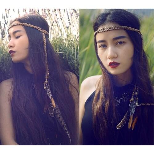 Bohemian style Indian Feather Headband Headdress Hair Rope Headwear Tribal Hippie Handmade Hair Accessories for Women Tribal