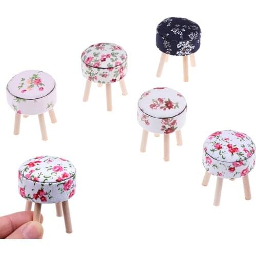 Round Floral Stool Chair ACC for Dolls House Decor Kids Children Pretend Play Toy 1/12 Scale Dollhouse Miniature Furniture