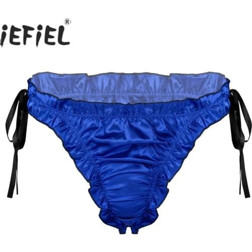 Men Solid Color Stretchy Pleated Trim Briefs Underpants Low Waist Lace-up Ruffles Briefs Underwear Sissy Nightwear for Nightclub