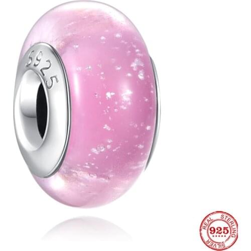 New Original Silver Color Pink Murano Glass Diy Bead Fit European Pandora Charms Bracelet Bangles Jewelry Diy Accessories P690