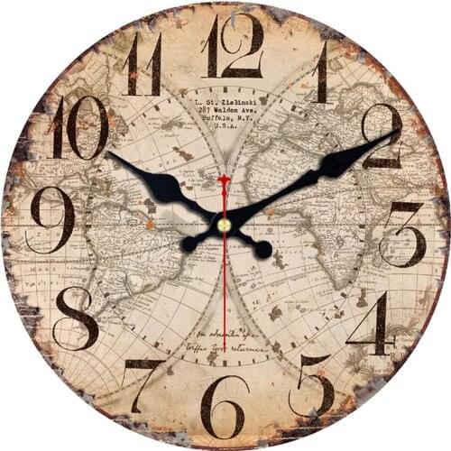 Home Office Study Room No Ticking Round Wood Clock Silent Beige World Map Clock Kitchen Large Art Wall Clocks Antique Clocks