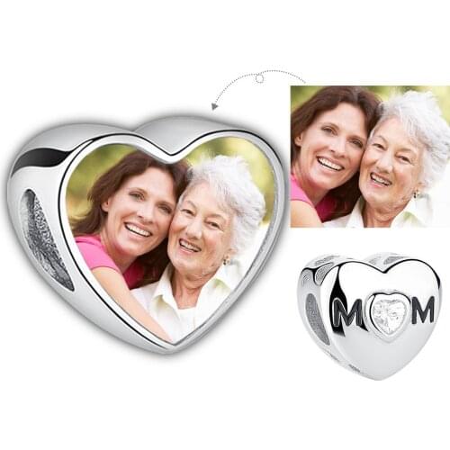 Personalized Custom Photo 925 Sterling Silver Crystal Heart MOM Charm Bead Fit Original Bracelet For Woman DIY Jewelry Gift