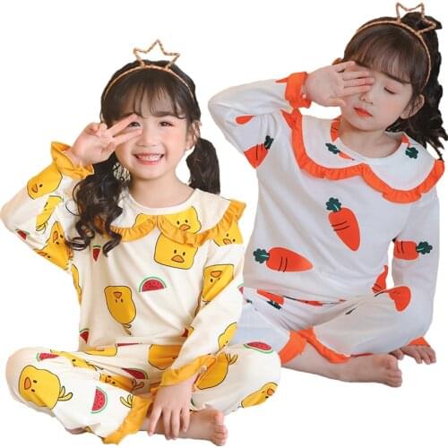 Teenager Girl Pajamas Sets 2-14 Years Child Homewear Floral Cotton Sleepwear Strawberry Print Cute Shirt Pants Combination Kits