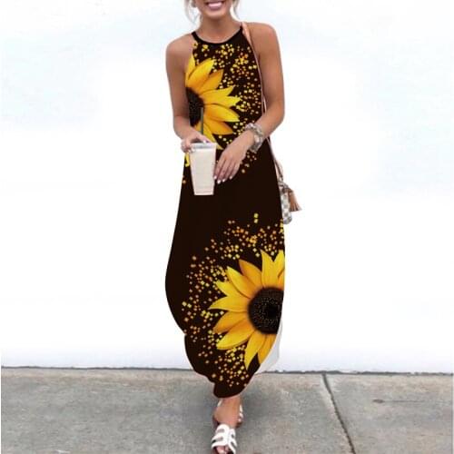 Sexy Sling Women Trend Abstract Girl Floral Printed Dress Summer Elegant Crew Neck Sleeveless Long Dresses Casual A-line Dress