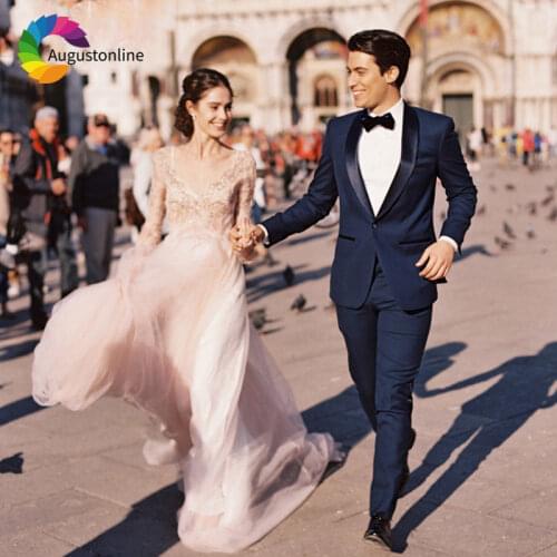 Navy Blue Groom Tuxedo Men Suit Wedding Suits Black Shawl Lapel Slim Fit Costume Homme Best Man Blazer Jacket 2Piece Pants Terno