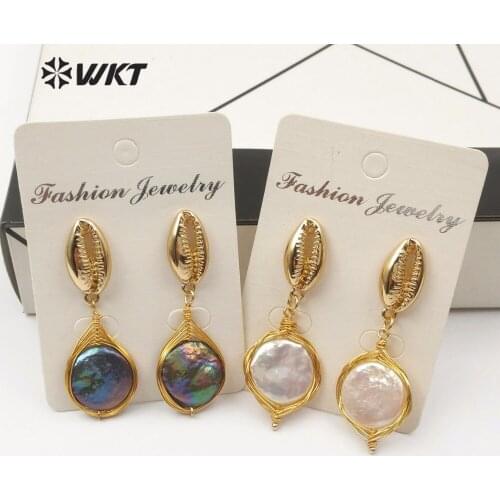 WT-E508 WKT New Classic Shell Earrings Full Gold Cowrie Shell with Copper Wrap Round Natural Pearl Valentines Day For Girl Gift