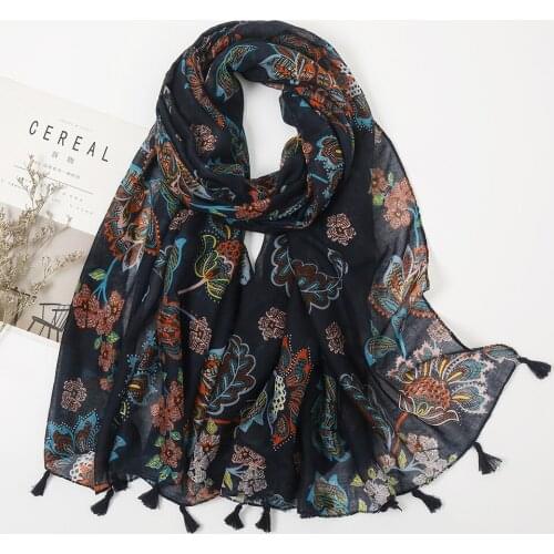 Ladies Luxury Fashion Floral Patchwork Tassel Cotton Shawl Scarf Autumn Pashminas Stole Bufandas Muslim Hijab Sjaal 180*90Cm 1pc