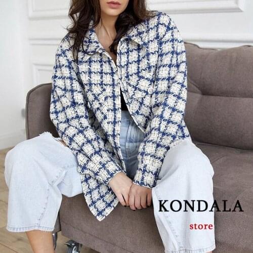 KONDALA Za 2021 Office Lady Chic Blue Plaid Women Blazer Long Sleeve Oversized Fashion Autumn Jackets Female Casual Outwears