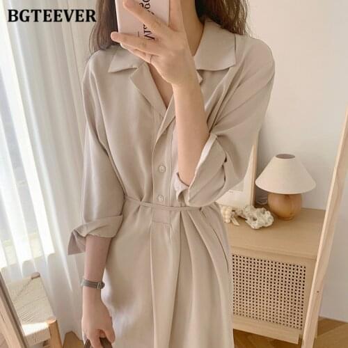 BGTEEVER Elegant Notched Collar Women Shirt Dress Spring Ladies Single-breasted Lace-up A-line Dress Female Side Split Vestidos
