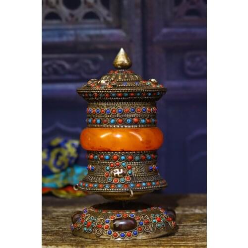 7" Tibet Buddhism Bronze Engraved mosaic Orange bracelet Gem Dzi Bead Prayer wheel Chanting Falun Brahma Prayer Wheel