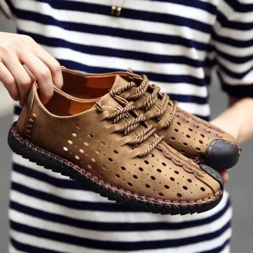 Summer Mens Leather Casual Hollow Out Sandal Hand Sewn Soft Soled Non Slip Breathable Casual Shoes Driving Lace Shoes