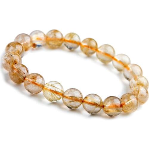 10.5 mm Genuine Brazil Natural Titanium Rutilated Quartz Crystal Bracelets Women Femme Charm Stretch Round Bead Bracelet